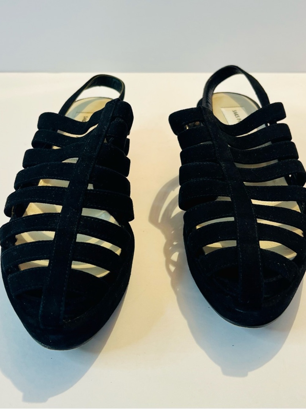 Saks Fifth Avenue Black Strappy Suede Slingback Sandals wedge